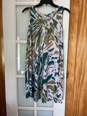 Sleeveless Abstract Print Tank Dress in Green, White & Tan